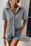 Striped Open Button Short Sleeves Blouse