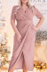 Pink Plus Size Wrap V Neck Slit Hem Midi Dress