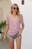 V Neck Lace Edge Swiss Dot Blouse Top