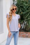 Plain V Neck Lace Edge Eyelet Pattern Flutter Sleeves Top