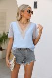 V Neck Lace Edge Swiss Dot Blouse Top