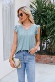 Plain V Neck Lace Edge Eyelet Pattern Flutter Sleeves Top