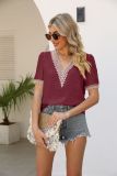 V Neck Lace Edge Swiss Dot Blouse Top