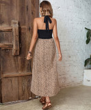 Black Halter Splicing Leopard Side Split Midi Dress