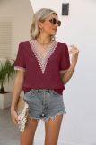 V Neck Lace Edge Swiss Dot Blouse Top