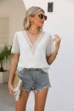 V Neck Lace Edge Swiss Dot Blouse Top