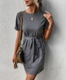 Dark Grey Side Button T-Shirt Dress With Sash
