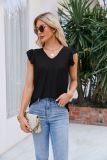 Plain V Neck Lace Edge Eyelet Pattern Flutter Sleeves Top