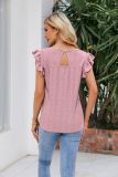 Plain V Neck Lace Edge Eyelet Pattern Flutter Sleeves Top