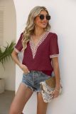 V Neck Lace Edge Swiss Dot Blouse Top