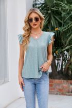 Plain V Neck Lace Edge Eyelet Pattern Flutter Sleeves Top