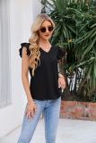 Plain V Neck Lace Edge Eyelet Pattern Flutter Sleeves Top