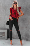 Red Floral Print Tiered Flutter Sleeve V Neck Top