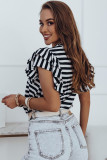 White Stripe Print Tiered Ruffled Sleeve Tee