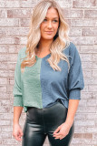 Green Color Block Shirred 3/4 Sleeve V Neck Top