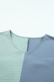 Green Color Block Shirred 3/4 Sleeve V Neck Top