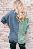 Green Color Block Shirred 3/4 Sleeve V Neck Top