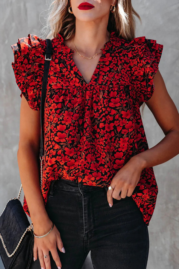 Red Floral Print Tiered Flutter Sleeve V Neck Top