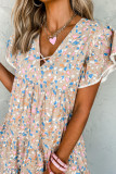 Khaki Printed Crisscross Decor V Neck Flutter Sleeve Dress