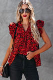 Red Floral Print Tiered Flutter Sleeve V Neck Top