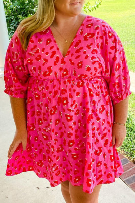 Rose Plus Size 3/4 Sleeves V Neck Leopard Dress