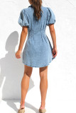 Blue Open Button Puff Denim Dress
