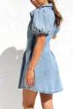Blue Open Button Puff Denim Dress