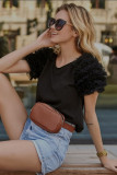Black Mesh Ruffled Short Sleeve T Shirt