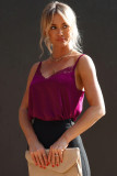 Red Lace Crochet V Neck Spaghetti Strap Satin Tank Top