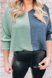Green Color Block Shirred 3/4 Sleeve V Neck Top