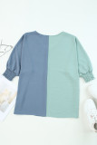 Green Color Block Shirred 3/4 Sleeve V Neck Top