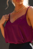 Red Lace Crochet V Neck Spaghetti Strap Satin Tank Top