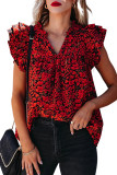 Red Floral Print Tiered Flutter Sleeve V Neck Top