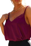 Red Lace Crochet V Neck Spaghetti Strap Satin Tank Top