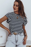 White Stripe Print Tiered Ruffled Sleeve Tee