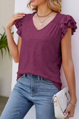 Plain V Neck Ruffles Tiered Sleeves Top
