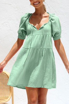 Plain Textured Square Split Collar Babydoll Dress