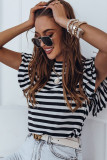 White Stripe Print Tiered Ruffled Sleeve Tee