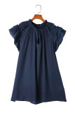 Sky Blue Tiered Ruffled Sleeve Drawstring V Neck Plus Size Blouse