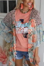 Sky Blue Leopard Floral Mixed Print Wide Sleeves Kimono