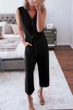 Black Buttoned Sleeveless Cropped Jumpsuit with Sash