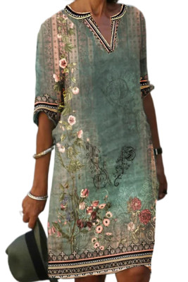 V Neck Ethnic Floral Print T-Shirt Dress