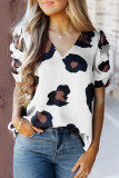 White Ruched Short Sleeve Leopard Print Blouse