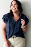 Sky Blue Tiered Ruffled Sleeve Drawstring V Neck Plus Size Blouse