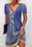 V Neck Ethnic Floral Print T-Shirt Dress