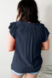 Sky Blue Tiered Ruffled Sleeve Drawstring V Neck Plus Size Blouse