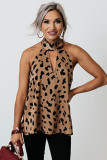 Leopard Print Keyhole Lace-up Halter Open Back Tank Top