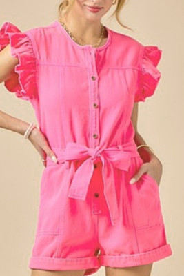 Plain Buttoned Flutter Sleeves Denim Romper