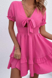 Rose V Neck Hollow Out Front Tie Flowy Dress