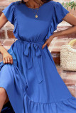 Blue Flutter Ruffles Sleeves Midi Dress